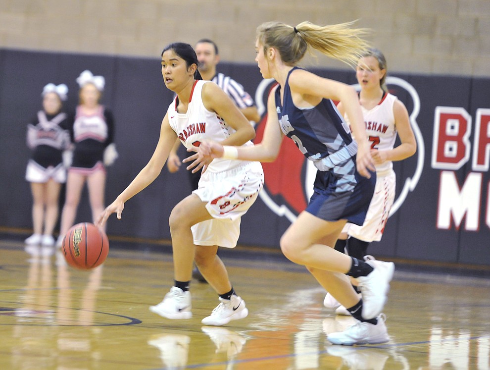 Bradshaw Mountain's Jesycca Cambalon brings the ball upcourt as the Bears take on Cactus Shadows Wednesday night in Prescott Valley. (Les Stukenberg/Courier)