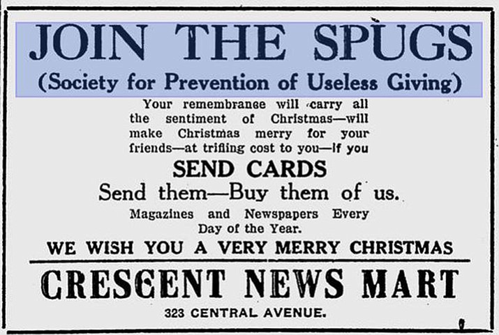 Store ad touting “Society for Prevention of Useless Giving. (Public domain)