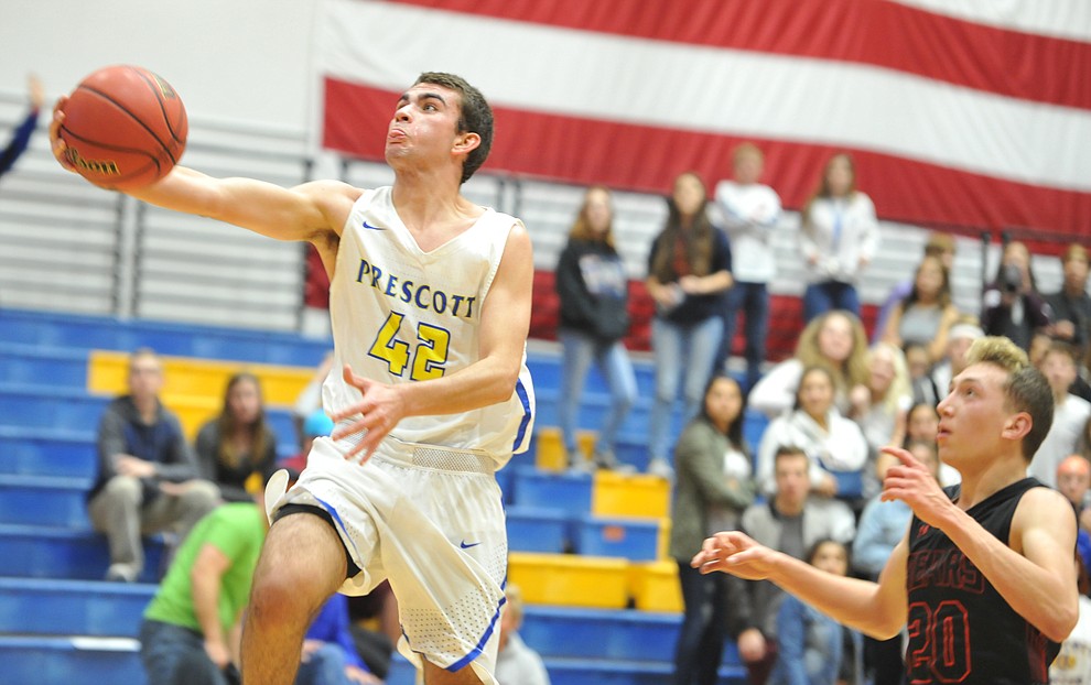 Prescott's Cameron Parsons takes the ball in for the final two points of the first half as the Badgers hosted cross-town rival Bradshaw Mountain Monday night in Prescott. (Les Stukenberg/Courier)