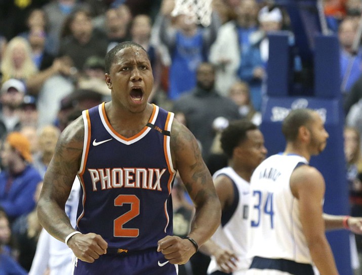 Phoenix Suns guard Isaiah Canaan (2) reacts to a play during the second half of an NBA basketball game against the Dallas Mavericks in Dallas, Monday, Dec. 18, 2017. The Suns won 97-91. (LM Otero/AP)