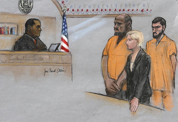 FILE - In this June 19, 2015, file, courtroom sketch, David Wright, second from left, is depicted standing before Magistrate Judge Donald Cabell, left, with attorney Jessica Hedges, second from right, and Nicholas Rovinski, right, during a hearing in federal court in Boston. Prosecutors will ask the judge on Tuesday, Dec. 19, 2017, in Boston to sentence 28-year-old Wright to life in prison for his role in the plot to kill Pamela Geller. The plot was never carried out. (Jane Flavell Collins via AP, File)
