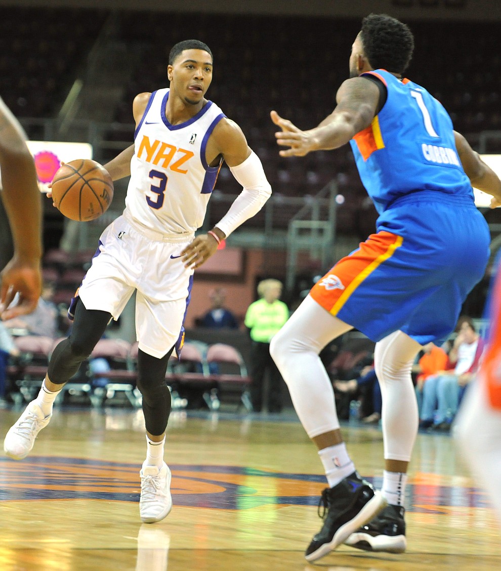 Northern Arizona's Shaquille Harrison looks for an outlet as the Suns take on the Oklahoma City Blue Friday night at the Prescott Valley Event Center.  (Les Stukenberg/Courier)