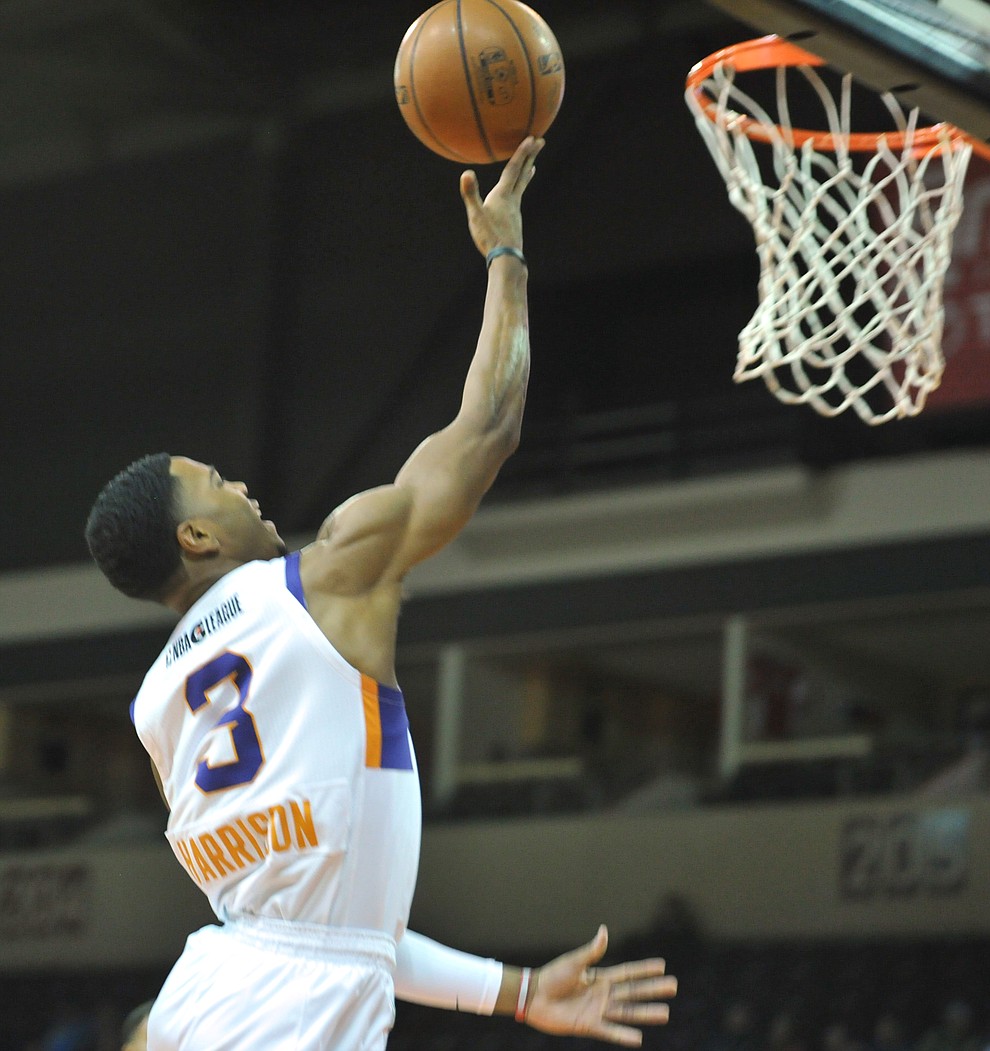 Northern Arizona's Shaquille Harrison gets a finger roll to go as the Suns take on the Oklahoma City Blue Friday night at the Prescott Valley Event Center.  (Les Stukenberg/Courier)