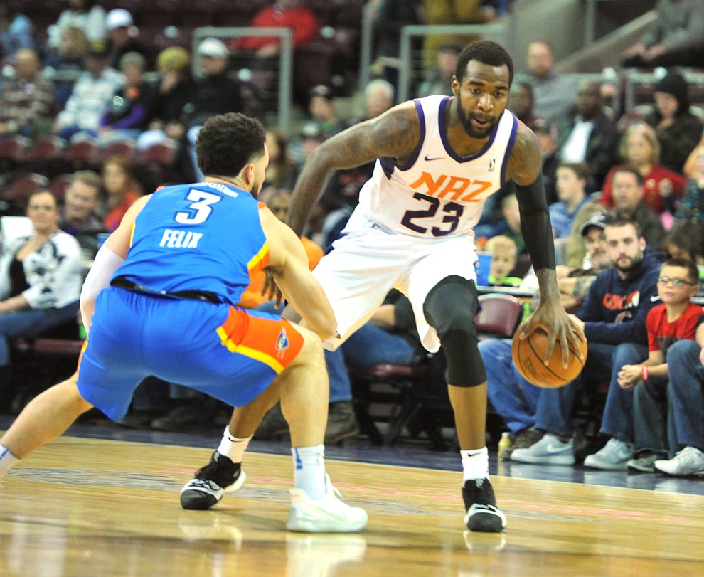 Northern Arizona's Mike Young sets up the play as the Suns take on the Oklahoma City Blue Friday night at the Prescott Valley Event Center.  (Les Stukenberg/Courier)