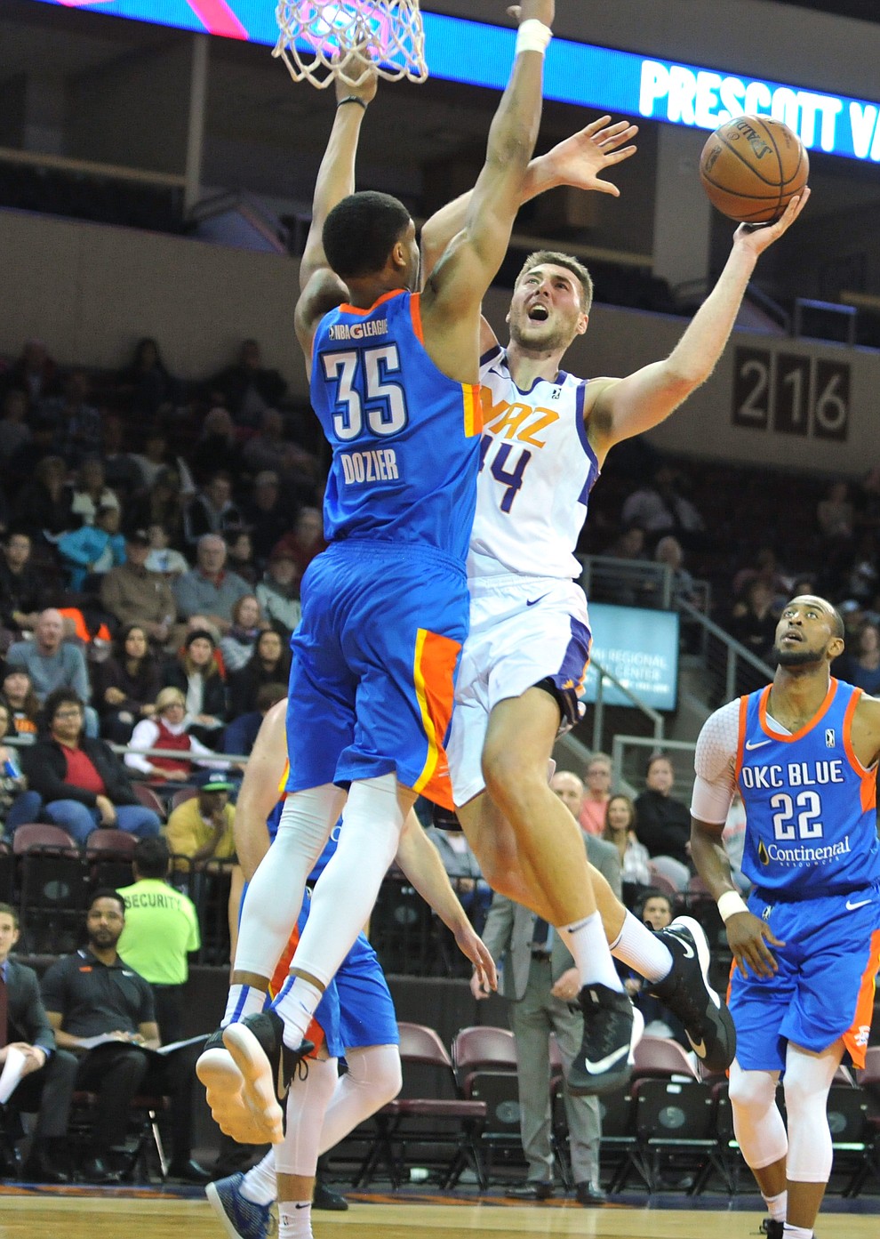 Northern Arizona's Eric Stuteville goes up as the Suns take on the Oklahoma City Blue Friday night at the Prescott Valley Event Center.  (Les Stukenberg/Courier)