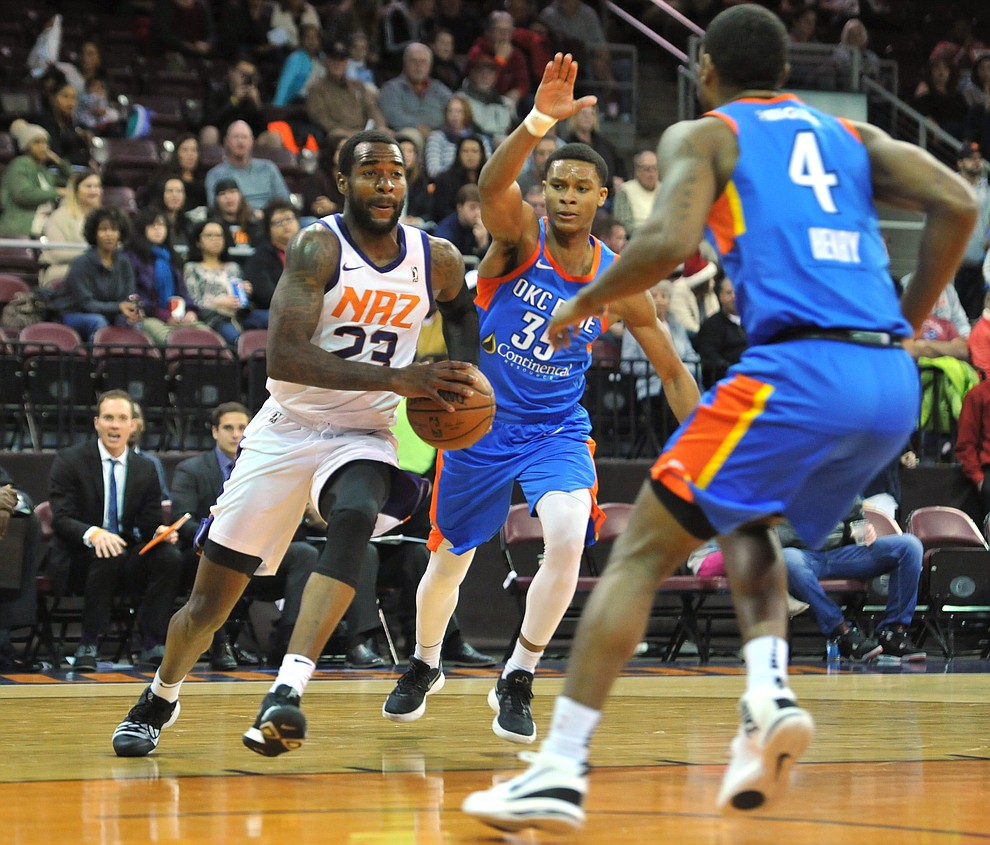 Northern Arizona's Mike Young drives into the lane as the Suns take on the Oklahoma City Blue Friday night at the Prescott Valley Event Center.  (Les Stukenberg/Courier)