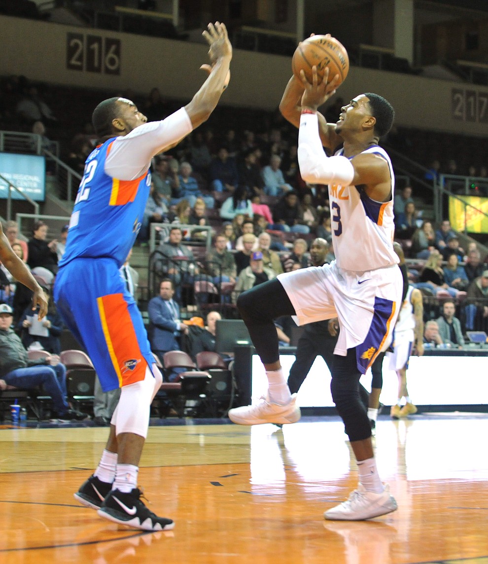 Northern Arizona's Shaquille Harrison takes off from the lane as the Suns take on the Oklahoma City Blue Friday night at the Prescott Valley Event Center.  (Les Stukenberg/Courier)