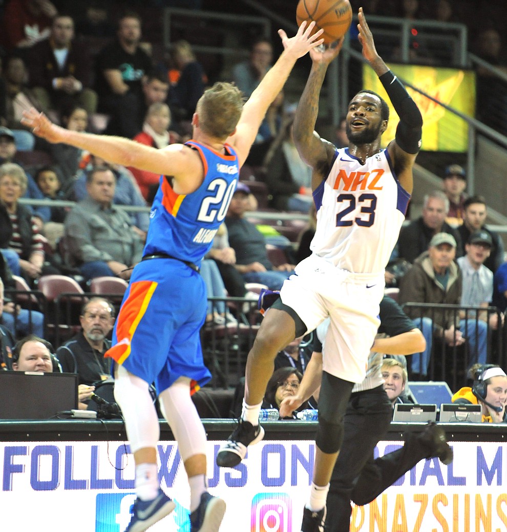 Northern Arizona's Mike Young gets a final shot in the first half as the Suns take on the Oklahoma City Blue Friday night at the Prescott Valley Event Center.  (Les Stukenberg/Courier)