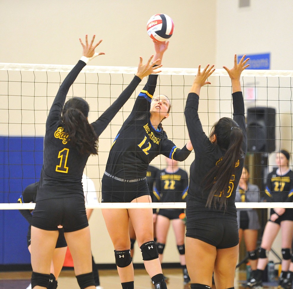 Embry Riddle's Katie Powell goes for a kill as the Eagles take on La Sierra University in volleyball Friday at the Prescott campus. (Les Stukenberg/Courier)