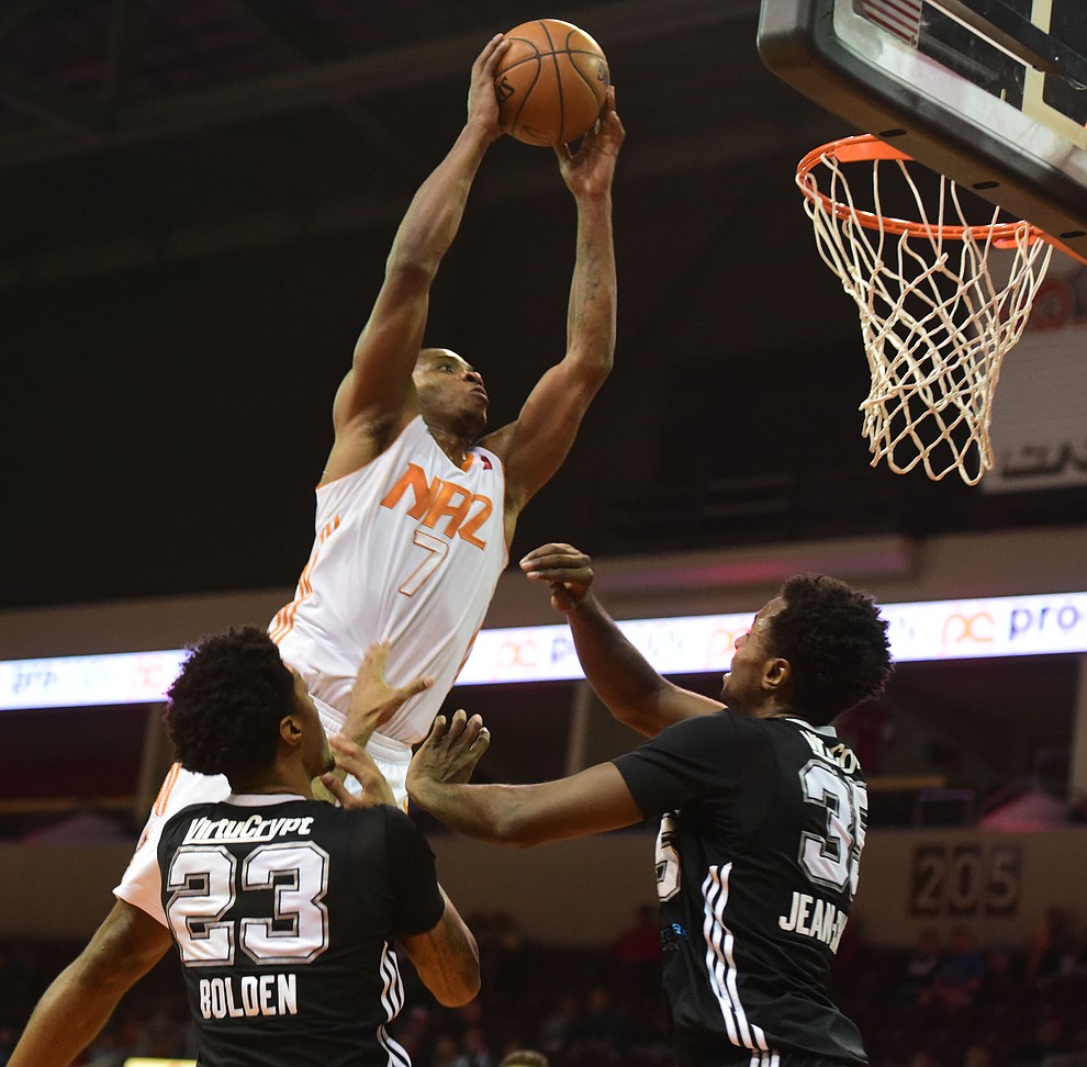 Northern Arizona's Elijah Millsap flies to the hoop as the Suns take on the Austin Spurs in their final home game of the 2016-17 season Wednesday, March 29 in Prescott Valley. (Les Stukenberg/The Daily Courier)