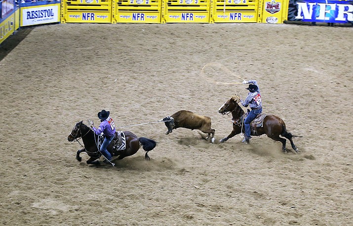 Team Roping World Champions Erich Rogers and Cory Petska averaged a time of 41.40 seconds for the team roping event at the 2017 Wrangler National Finals Rodeo. Submitted photos