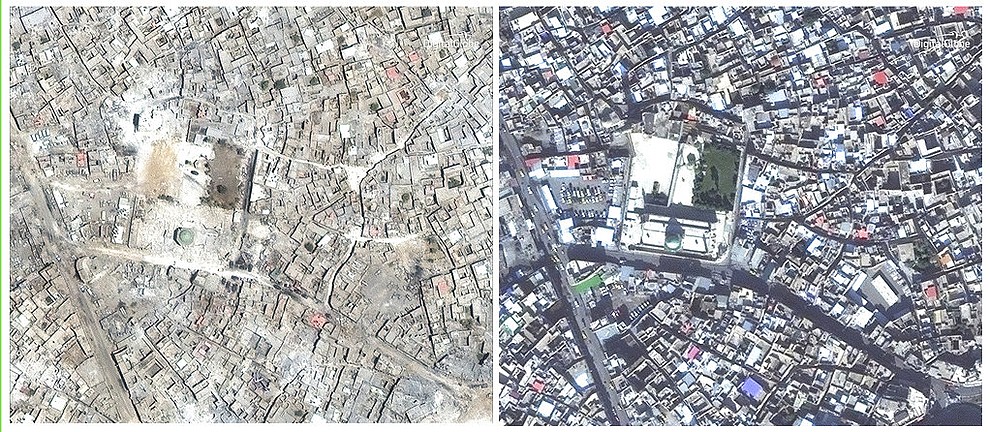 COMBO - This combination of two satellite image released by DigitalGlobe shows the al-Nuri Mosque in Mosul, Iraq on July 8, 2017 after a punishing nine month battle to oust Islamic State militants, left, and on Nov. 13, 2015, right. Three years of war devastated much of northern and western Iraq. Baghdad estimates $100 billion is needed nationwide to rebuild. Local leaders in Mosul, the biggest city held by IS, say that amount is needed to rehabilitate their city alone. (DigitalGlobe via AP)