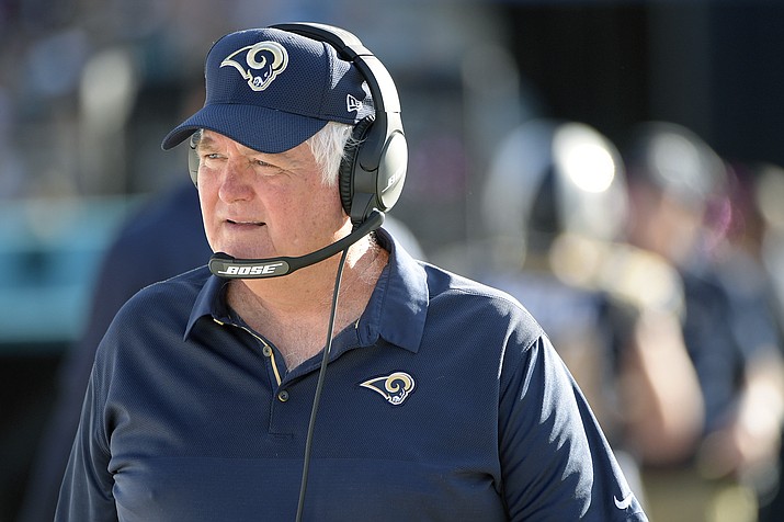 In this Sunday, Oct. 15, 2017 file photo, Los Angeles Rams defensive coordinator Wade Phillips watches from the sideline during the first against the Jacksonville Jaguars in Jacksonville, Fla. (Phelan M. Ebenhack/AP, File)