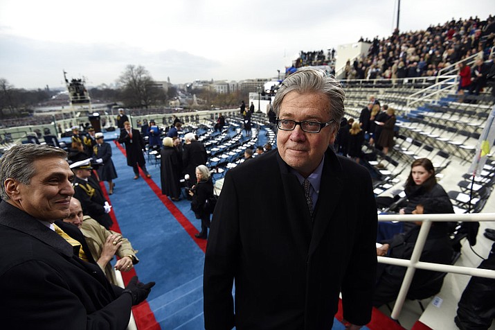 FILE - In this Jan. 20, 2017, file pool photo, Steve Bannon, appointed chief strategist and senior counselor to then- President-elect Donald Trump, arrives for the presidential inauguration at the US Capitol in Washington.  (Saul Loeb, Pool via AP)

