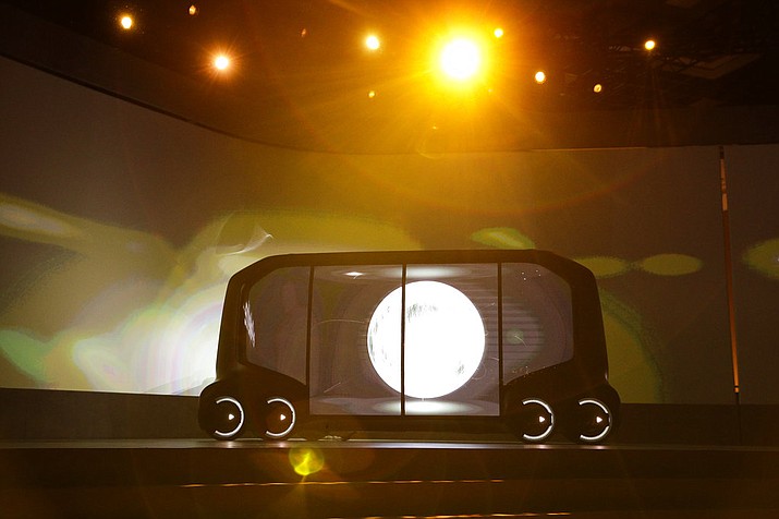Toyota's e-Pallet concept is unveiled during a news conference at CES International, Monday, Jan. 8, 2018, in Las Vegas. (AP Photo/Jae C. Hong)
