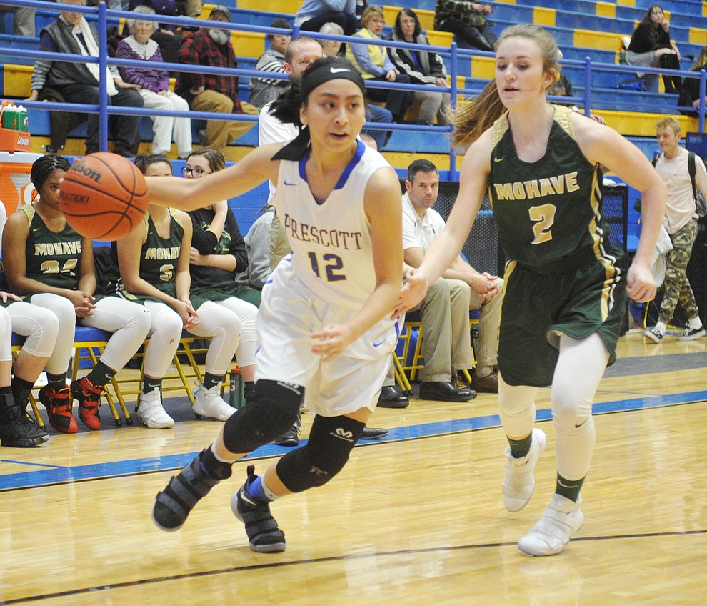 Prescott's Theresa Gutierrez drives towards the lane as the Badgers take on Mohave on Jan. 9, 2018, in Prescott. Gutierrez had 11 points in a 48-27 loss to Flagstaff on Friday, Jan. 19, 2018. (Les Stukenberg/Courier, File)