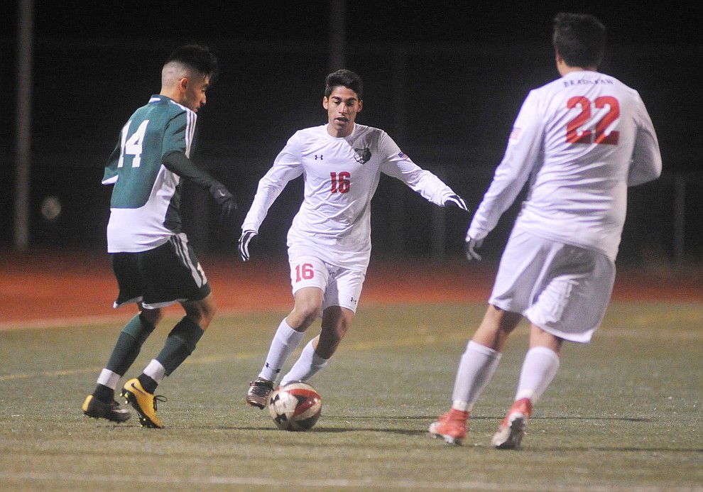 Bradshaw Mountain's Kevin Esquivel moves the ball as the Bears take on Flagstaff High Wednesday night in Prescott Valley. (Les Stukenberg/Courier)