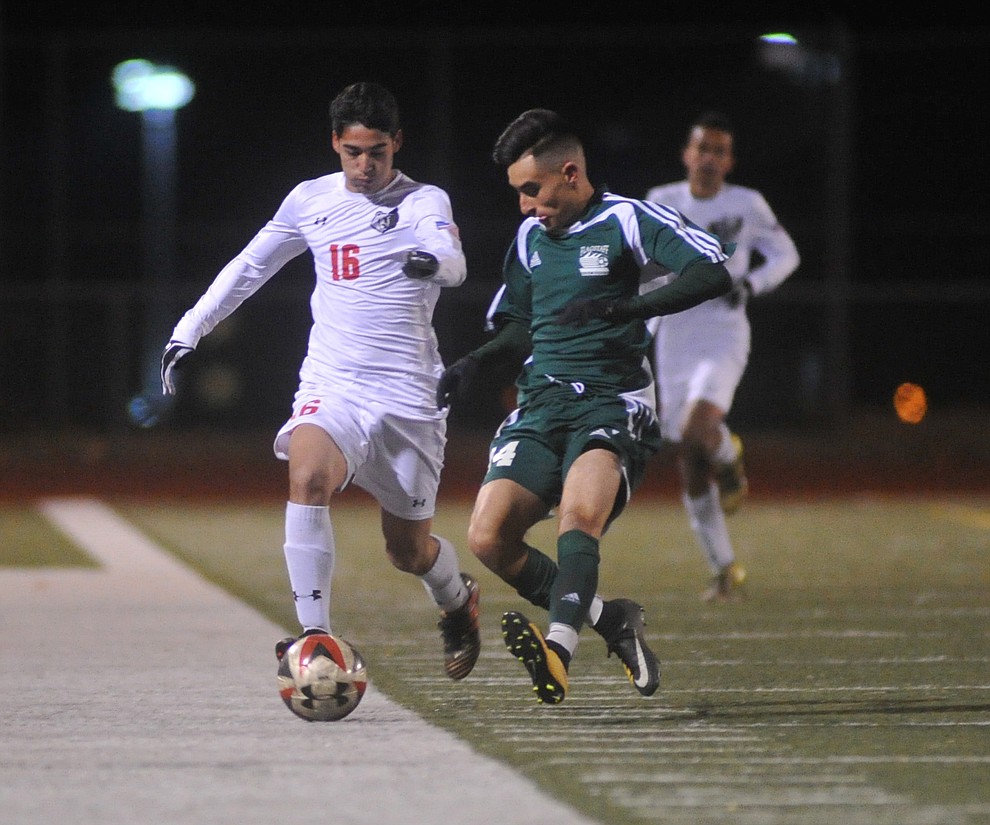 Bradshaw Mountain's Kevin Esquivel brings the ball upfield as the Bears take on Flagstaff High Wednesday night in Prescott Valley. (Les Stukenberg/Courier)