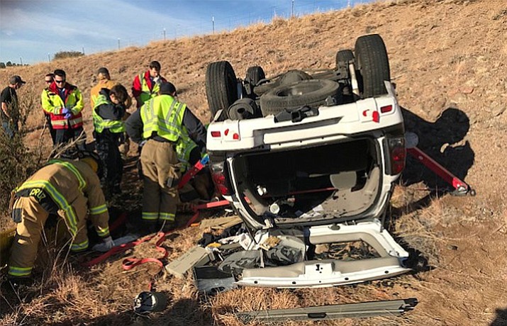 One woman suffered non-life threatening injuries in this single-vehicle rollover incident off Pioneer Parkway in Prescott on Sunday, Jan. 14, 2018. (Courtesy of Prescott Fire & Medical)