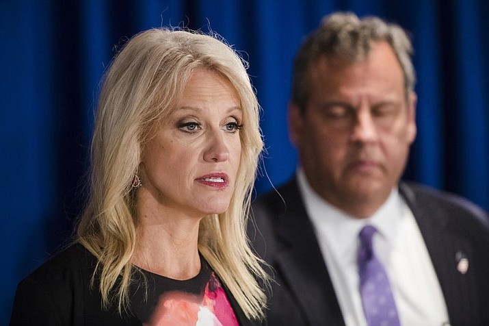 Pictured is Counselor to the President Kellyanne Conway accompanied by New Jersey Gov. Chris Christie as she speaks during a news conference in Trenton, N.J. This week German linguists declared the phrase “alternative facts” -- popularized by White House aide Kellyanne Conway -- the non-word of 2017. Conway used the phrase last year when asked why President Donald Trump’s then-Press Secretary Sean Spicer mischaracterized the size of the inauguration crowd. (AP Photo/Matt Rourke, File)