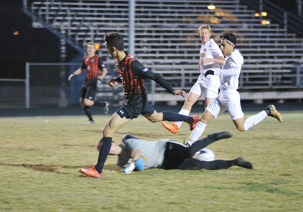 Bradshaw Mountain's Brandon Fischer gets denied on a break as the Bears traveled to cross town rival Prescott in a soccer double header Tuesday. (Les Stukenberg/Courier)