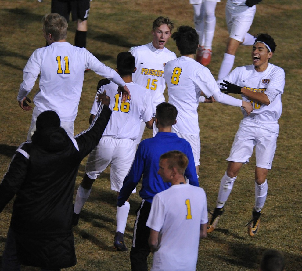 Prescott celebrates the game winner as the Badgers hosted cross town rival Bradshaw Mountain in a soccer double header Tuesday in Prescott. (Les Stukenberg/Courier)
