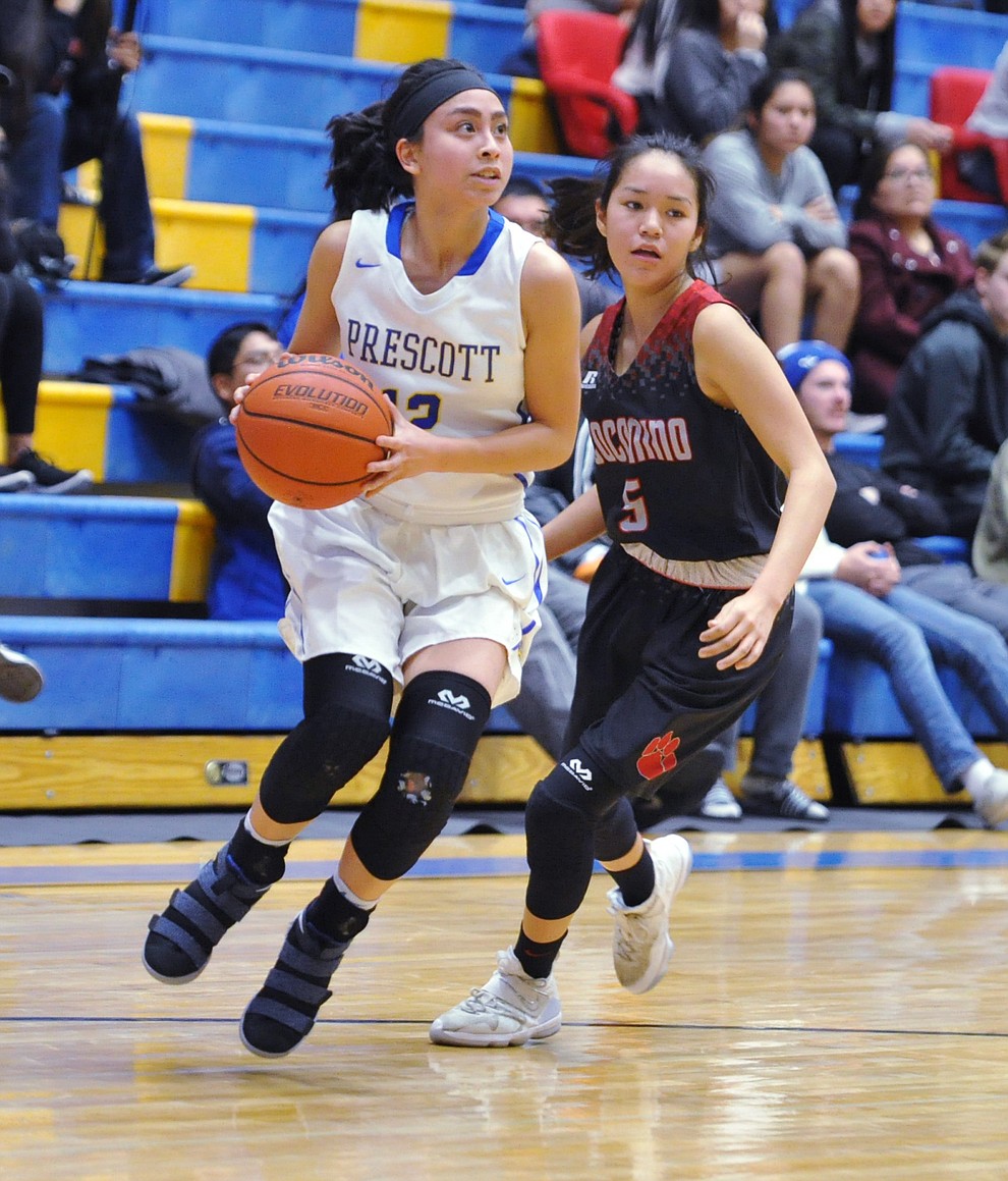 Prescott's Theresa Gutierrez looks to shoot as the Badgers hosted Coconino Tuesday night in the dome. (Les Stukenberg/Courier)