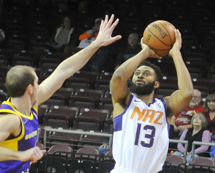 Northern Arizona's Xavier Silas takes a 3-pointer as the Suns face the South Bay Lakers on Dec. 5, 2017, in Prescott Valley. Silas scored 30 points on six 3-pointers in a 118-114 win over the Oklahoma City Blue on Tuesday, Jan. 23, 2018, in Prescott Valley. The Suns’ forward surpasses Omari Johnson for 10th all-time in league history for 3-pointers made in a career. (Les Stukenberg/Courier, File)