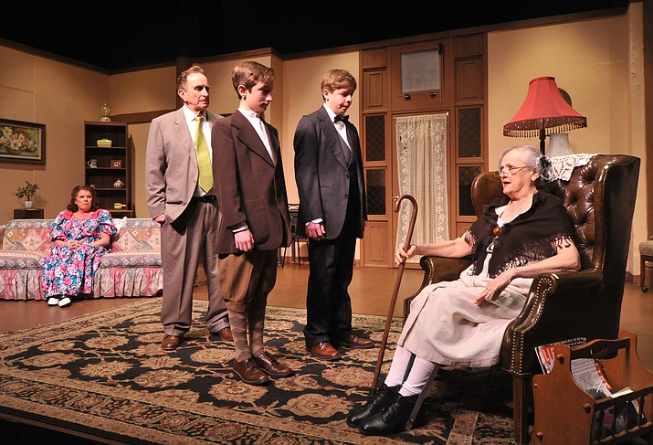 From left, Robyn Allen as Bella, Ron Bowen as Eddie, Asa Dougherty as Arty, Duncan Calhoun as Jay and Louise von Schill as Grandma during a dress rehearsal Monday night for the Prescott Center for the Arts production of Lost in Yonkers. (Les Stukenberg/Courier)