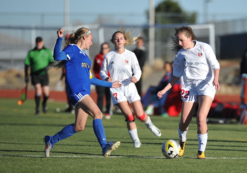 Bradshaw Mountain's Hailey Denham moves the ball as the Bears take on Palo Verde Magnet Thursday in the Arizona Athletic Association's play-in round for the State Soccer Tournament that begins on Tuesday. (Les Stukenberg/Courier)