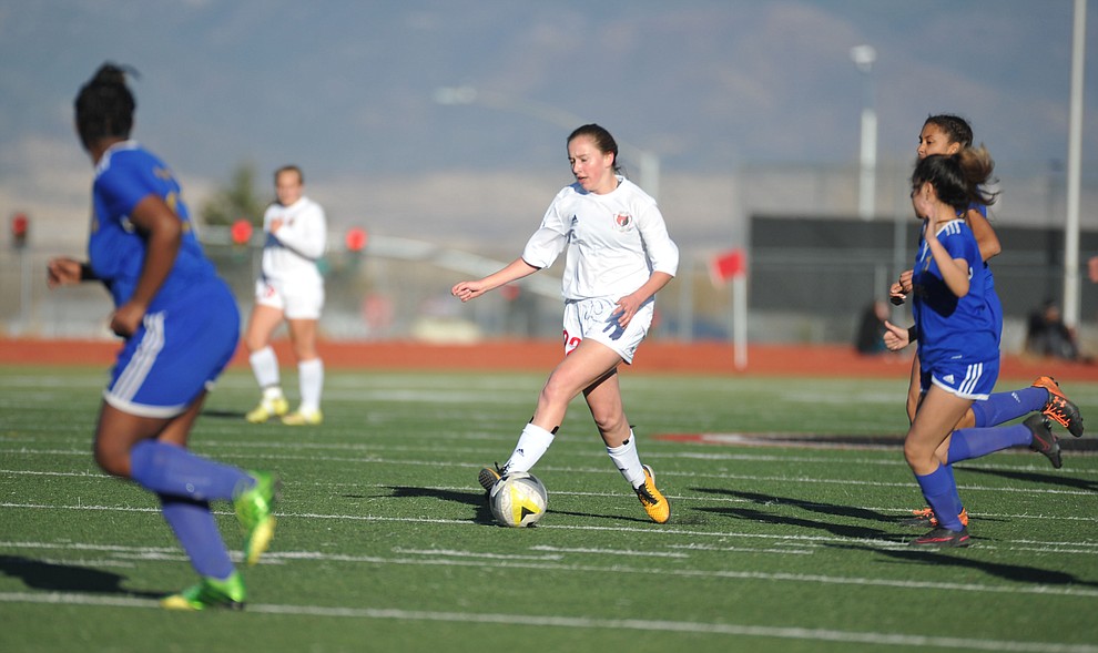 Bradshaw Mountain's Hailey Denham looks for an opening as the Bears take on Palo Verde Magnet Thursday in the Arizona Athletic Association's play-in round for the State Soccer Tournament that begins on Tuesday. (Les Stukenberg/Courier)