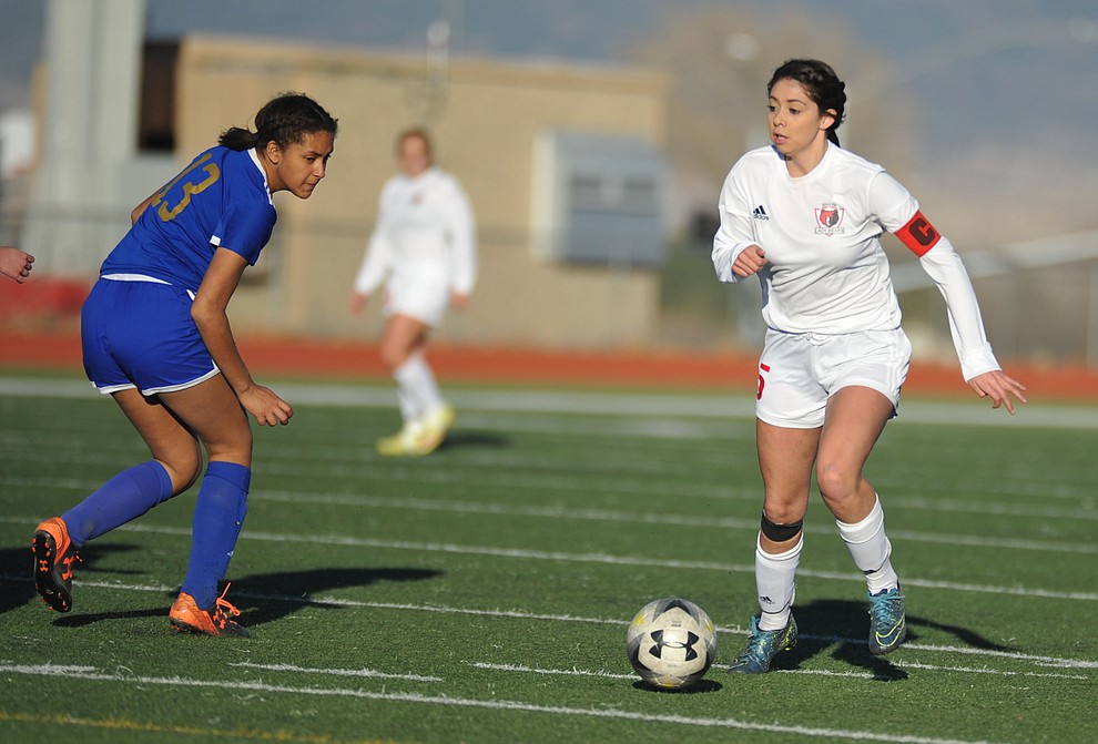 Bradshaw Mountain's Serena Pelaez looks to move the ball forward as the Bears take on Palo Verde Magnet Thursday in the Arizona Athletic Association's play-in round for the State Soccer Tournament that begins on Tuesday. (Les Stukenberg/Courier)