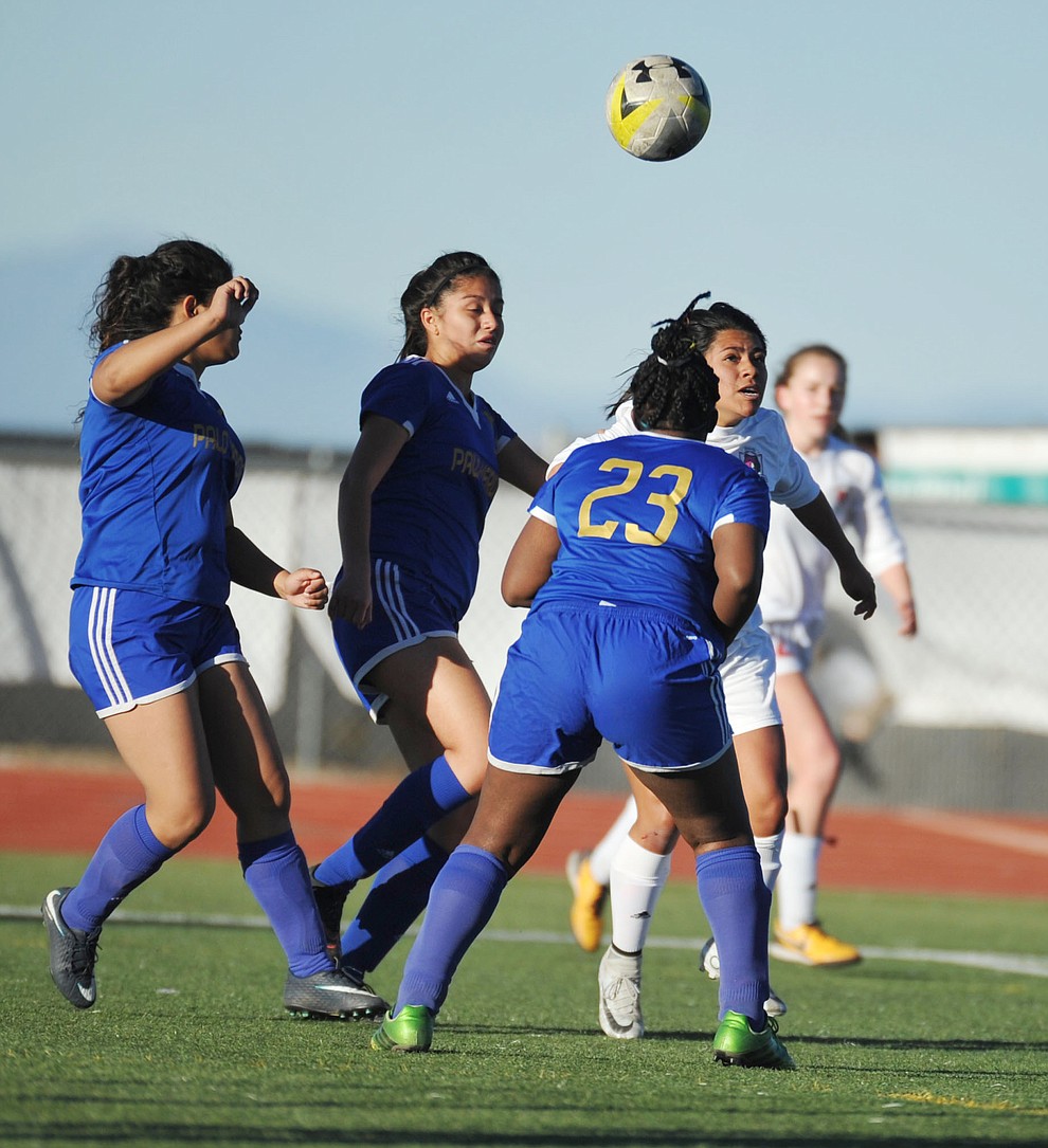 Bradshaw Mountain's Kayre Meza heads the ball towards the goal as the Bears take on Palo Verde Magnet Thursday in the Arizona Athletic Association's play-in round for the State Soccer Tournament that begins on Tuesday. (Les Stukenberg/Courier)