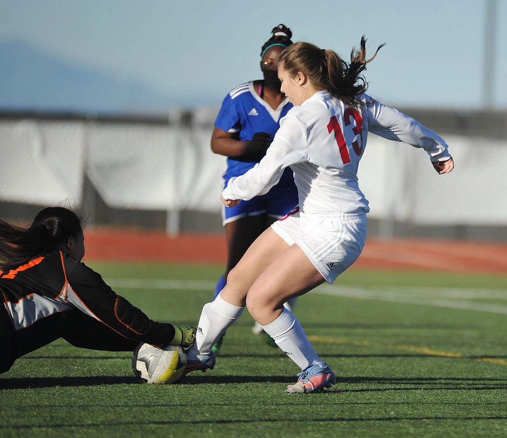 Bradshaw Mountain's Carmen DeAlba puts pressure on the goalie as the Bears take on Palo Verde Magnet Thursday in the Arizona Athletic Association's play-in round for the State Soccer Tournament that begins on Tuesday. (Les Stukenberg/Courier)