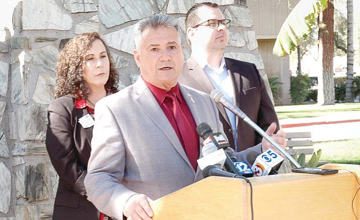 Sen. Sonny Borrelli on Monday detailed his legislation that would require testing of medical marijuana and would lower fees charged to patients. With him are Democratic state representatives Lisa Otondo of Yuma and Mark Cardenas of Phoenix. They are among many state lawmakers supporting the measure. (Howard Fischer/Capitol Media Services)