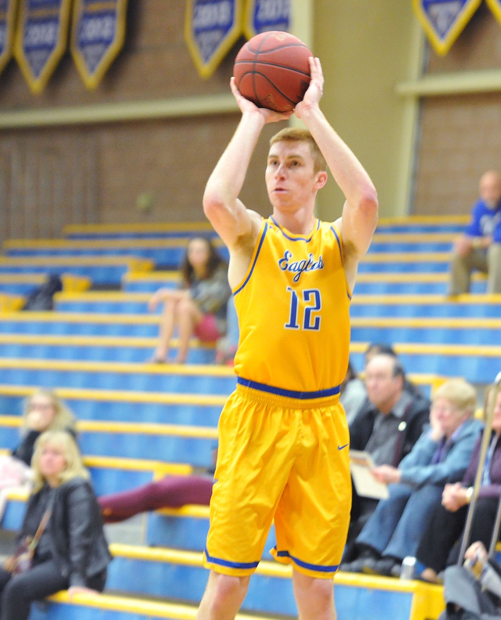 Embry Riddle's Nick Johnson hits a 3-pointer as the Eagles hosted California Maritime Academy in Prescott Thursday evening. (Les Stukenberg/Courier)