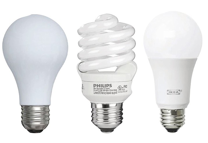 Not all light bulbs are created equally. The ever-popular incandescent light bulbs, left, are being replaced with CFLs (compact fluorescent bulbs), middle, and now LEDs (light-emitting diodes), right. (Courtesy photos)