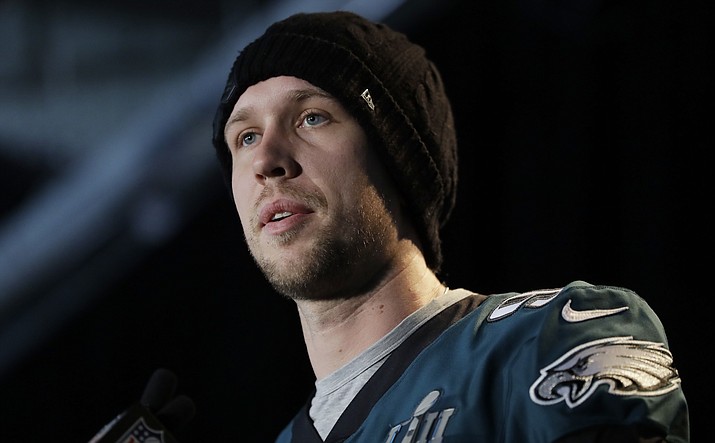 Philadelphia Eagles quarterback Nick Foles (9) takes part in a media availability for the NFL Super Bowl 52 football game Thursday, Feb. 1, 2018, in Minneapolis. Philadelphia is scheduled to face the New England Patriots Sunday. (Eric Gay/AP)