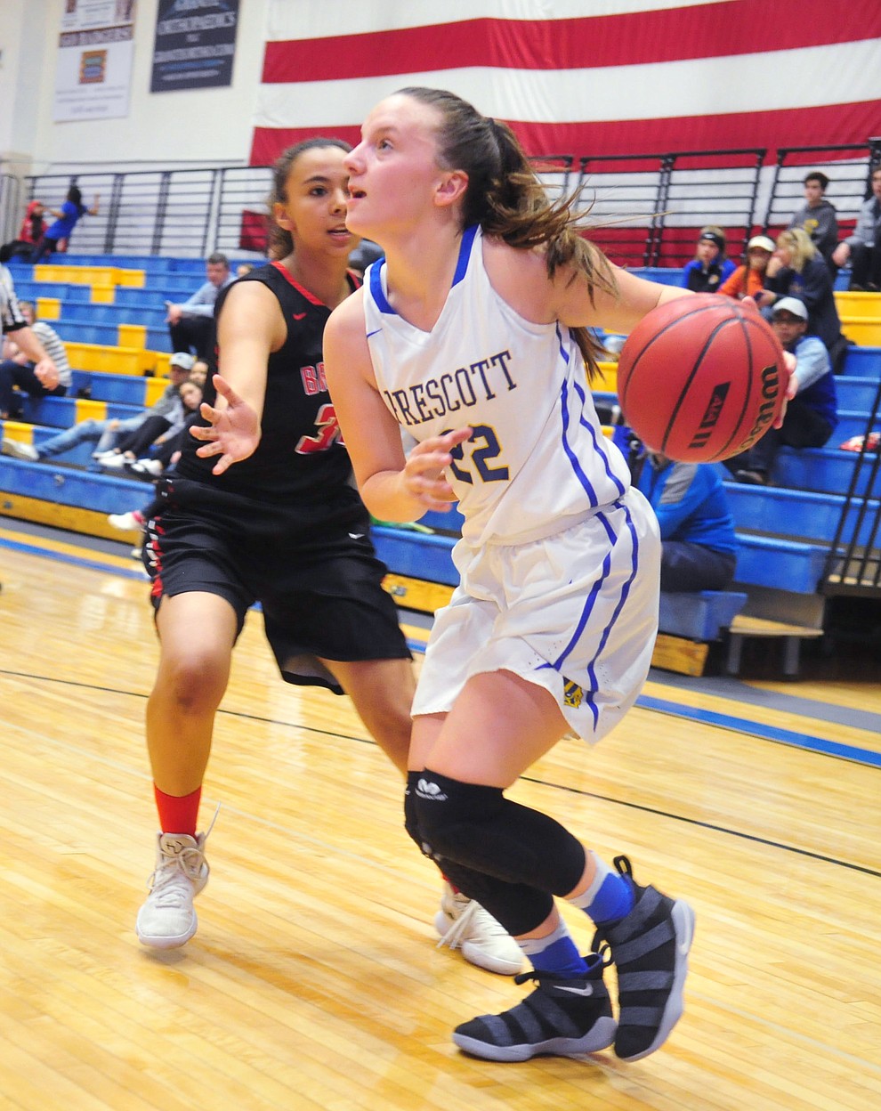 Prescott's Abby Chartier drives the baseline as the Badgers hosted crosstown rival Bradshaw Mountain for the season finale Tuesday night.  (Les Stukenberg/Courier)