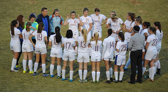 Prescott players gather before the Badgers host Mohave in the first round Jan. 30. The Prescott girls' soccer team suffered a 5-0 loss to No. 2-ranked Salpointe Catholic in the 4A state semifinals Tuesday, Feb. 6, 2018, in Gilbert. (Les Stukenberg/Courier, File)