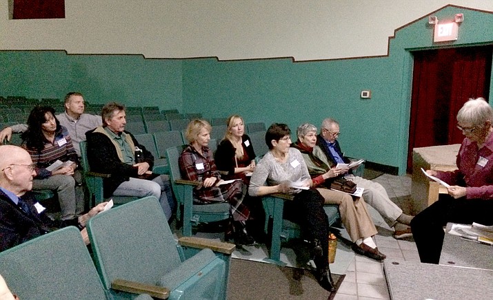 Rosemary Agneesens of Prescott Education Advocacy Council, right, discusses some of the questions viewers turned in after watching the documentary, “Backpack Full of Cash,” shown Monday, Feb. 5 in Prescott.  (Sue Tone/Courier)