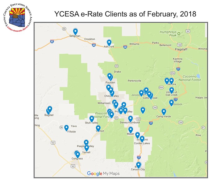 Yavapai County Education Services Agency e-Rate Clients as of February, 2018, a program to help improve broadband capacity at school libraries across the county.