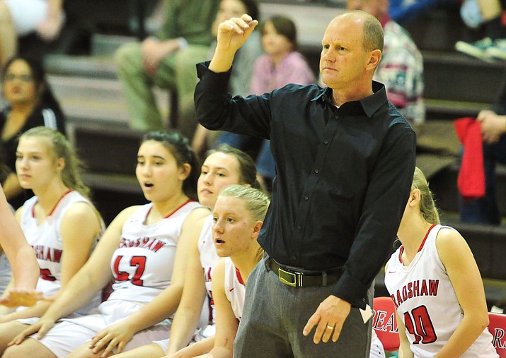 Bradshaw Mountain head coach Rick Haltom watches the action as the Bears hosted Saguaro in the 4A conference play-in game Thursday, Feb. 8, 2018, in Prescott Valley. (Les Stukenberg/Courier)