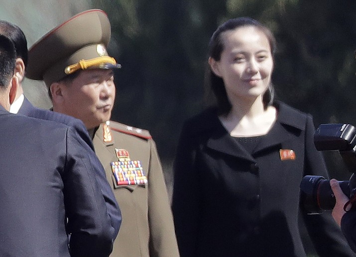 In this April 13, 2017, photo, Kim Yo Jong, right, sister of North Korean leader Kim Jong Un, is pictured during the official opening of the Ryomyong residential area, a collection of more than a dozen apartment buildings, in Pyongyang, North Korea. South Korea’s Unification Ministry said North Korea informed Wednesday, Feb. 7, 2018, that Kim Yo Jong would be part of the high-level delegation coming to the South for the Pyeongchang Winter Olympics. (AP Photo/Wong Maye-E)

