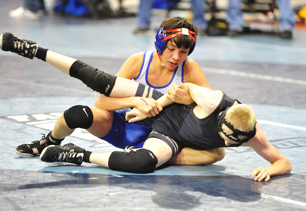 Camp Verde's Keene Todacheene won by pin during the first round of the Arizona Interscholastic Association wrestling tournament Friday at the Prescott Valley Event Center. (Les Stukenberg/Courier)