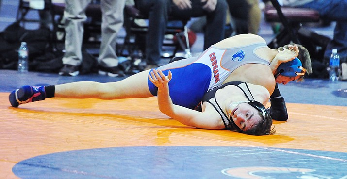 Chino Valley’s J.C. Mortensen won his match during the first round of the Division III State Championships on Friday, Feb. 9, 2018, in Prescott Valley. (Les Stukenberg/Courier)