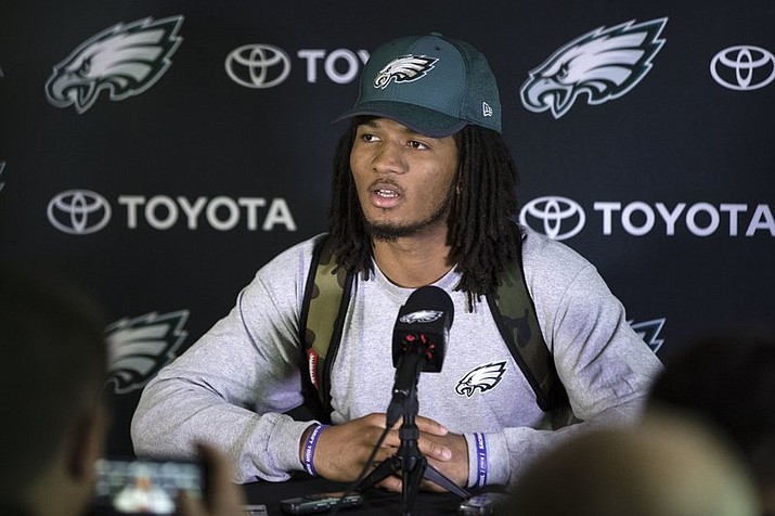 In this May 12, 2017 file photo, Philadelphia Eagles’ Sidney Jones speaks with members of the media during NFL football rookie minicamp at the team’s training facility in Philadelphia. A group of fans have helped return Jones’ lost cellphone during the team’s Super Bowl victory parade, but not before taking a selfie. Jones was with several of his teammates in Philadelphia on Thursday, Feb. 8, 2018, as they celebrated the Eagles’ 41-33 victory over the favored New England Patriots when his phone reportedly fell out of his back pocket. A photo appeared on the player’s verified Instagram page shortly afterward that showed several smiling fans with the caption, “Guess who dropped their phone at the parade!” The fans promised to return it.(AP Photo/Matt Rourke, File)

