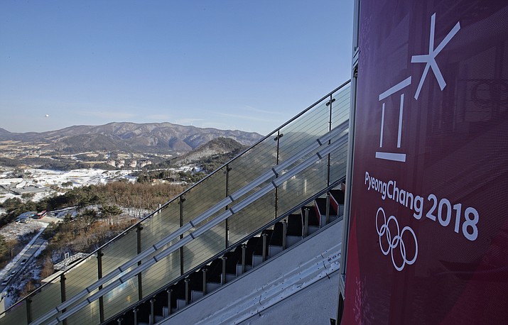 The countryside below is seen from the top of the 125-K large hill between practice sessions for the men’s ski jumping competition at the Aplensia Ski Jumping Center in the 2018 Winter Olympics in Pyeongchang, South Korea, Wednesday, Feb. 7, 2018. (AP Photo/Charlie Riedel)