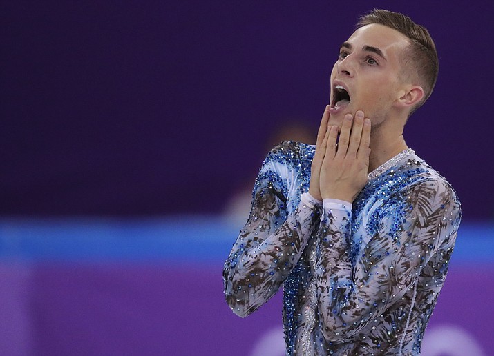 Adam Rippon of the United States reacts after his performance in the men’s single skating free skating in the Gangneung Ice Arena at the 2018 Winter Olympics in Gangneung, South Korea, Monday, Feb. 12. (Julie Jacobson/AP)