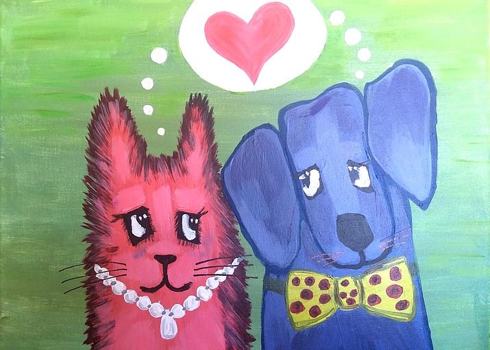  You can create your version of this darling cat, dog, and Valentine’s heart painting at one of the three ‘Paint-N-Party’ events this weekend. (Painting by Denise M. Kelly)